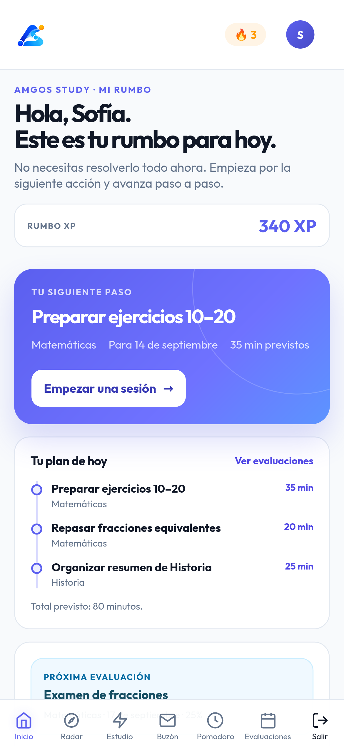 Captura real de Mi Rumbo: saludo, siguiente paso, plan de hoy y próxima evaluación.